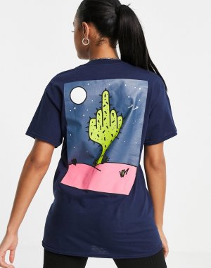 Темно-синяя oversized-футболка с рисунком кактуса ночью на спине -Голубой New Love Club