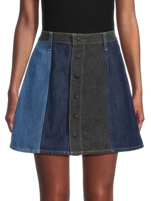 Джинсовая мини-юбка трапеции в стиле пэчворк Ag Jeans, цвет Blue Black Jeans