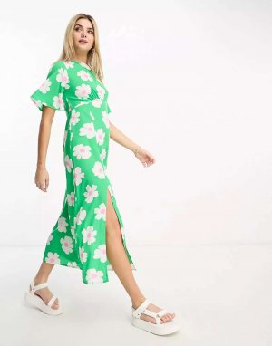 Чайное платье миди с развевающимися рукавами зеленым цветочным принтом Influence