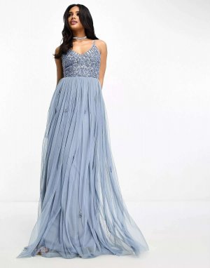 Платье макси 2 в 1 Bridesmaid с декорированным верхом и тюлевой юбкой синего цвета Beauut