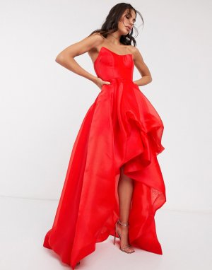 Красное асимметричное платье-бандо макси из органзы -Красный Bariano