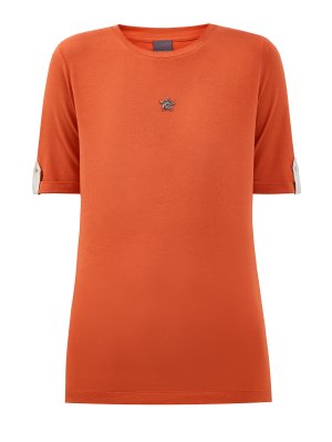 Яркая футболка из джерси с отворотами и декором Swarovski LORENA ANTONIAZZI. Цвет: оранжевый