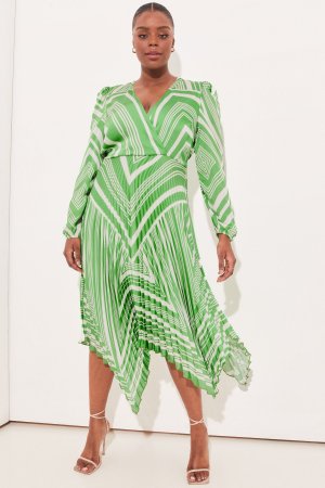 Плиссированное платье миди с длинными рукавами и отделкой-конвертом , зеленый Lipsy
