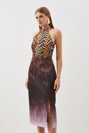 Индивидуальное итальянское фирменное эластичное платье миди с эффектом омбре и перьями , мультиколор Karen Millen