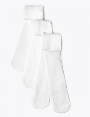 Комплект из 3 белых колготок в рубчик и однотонных (0–2 года) Marks & Spencer