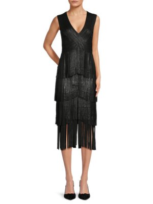 Платье миди с бахромой , цвет Black Foil Hervé Léger