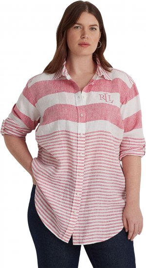 Полосатая льняная рубашка больших размеров LAUREN Ralph Lauren, цвет Sport Pink/White