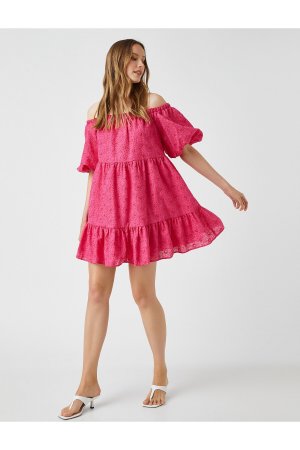 Мини-платье с объемными рукавами и короткими плечами оборками , розовый Koton