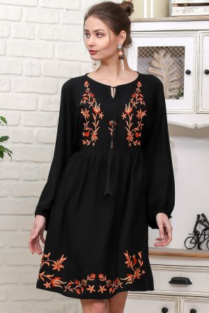 Женское тканое повседневное платье черного цвета с цветочной вышивкой и воздушными рукавами , черный Chiccy