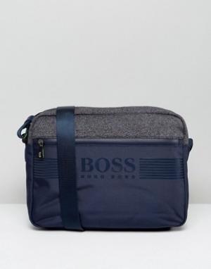 Темно-синяя сумка почтальона из разных видов ткани by Hugo BOSS Green. Цвет: темно-синий