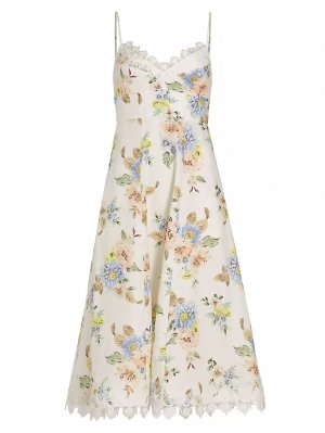 Льняное платье миди с цветочным принтом для пикника , синий Zimmermann