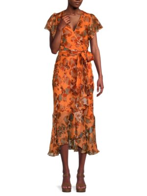 Платье миди из льна и гладкого материала Blaire с цветочным принтом , цвет Orange Multicolor Tanya Taylor