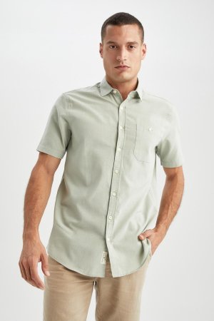Рубашка из 100% хлопка с короткими рукавами и воротником-поло обычного кроя, хаки DeFacto