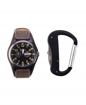 Мужские аналоговые часы с кварцевым механизмом, черный кожаный ремешок, 44 мм, карабином и дорожной сумкой на молнии American Exchange