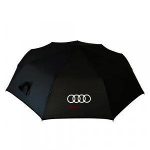 Зонт , автомат, 3 сложения, купол 100 см., 9 спиц, ручка натуральная кожа, чехол в комплекте, черный Audi. Цвет: черный
