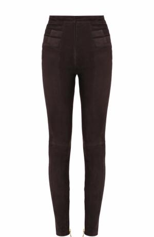 Однотонные замшевые джинсы-скинни Balmain. Цвет: темно-коричневый