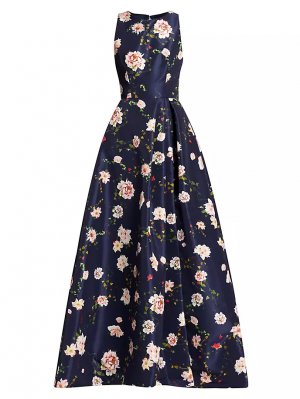 Платье без рукавов с цветочным принтом , синий Monique Lhuillier