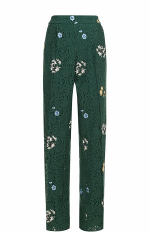 Кружевные брюки прямого кроя с защипами и вышивкой No. 21. Цвет: зеленый