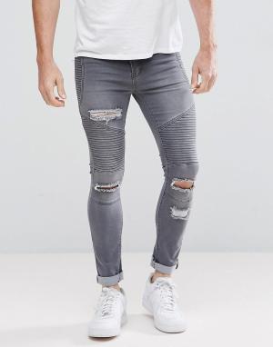 Серые байкерские джинсы скинни с рваной отделкой boohooMAN. Цвет: серый