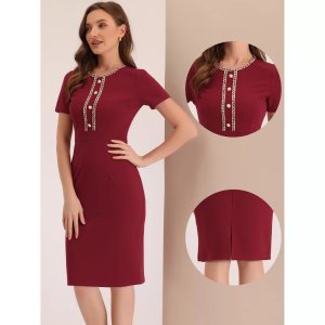 Женские деловые платья-футляры с твидовой отделкой и круглым вырезом короткими рукавами , красный ALLEGRA K