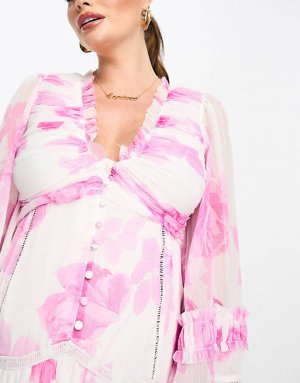 Платье макси на пуговицах с защипами и кружевными вставками крупным розовым цветочным принтом DESIGN Maternity Asos