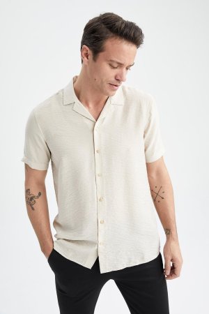 Текстурированная рубашка с короткими рукавами и воротником-поло Modern Fit, экрю DeFacto