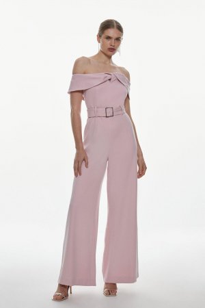 Комбинезон широкого кроя из структурированного крепа с поясом и Bardot , розовый Karen Millen