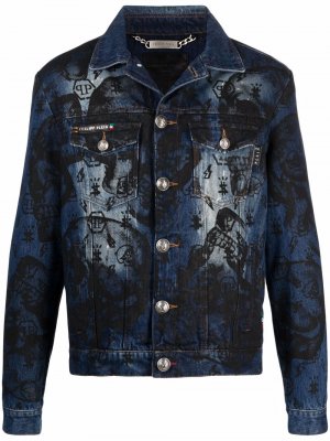 Джинсовая куртка с принтом Skull Philipp Plein. Цвет: синий