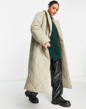 Двубортное стеганое пальто светлого оттенка хаки -Зеленый цвет NA-KD