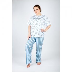 Пижама женская,пижама большой размер, с брюками, размер 52/2XL, 100%хлопок, домашняя одежда Лотос. Цвет: белый/голубой