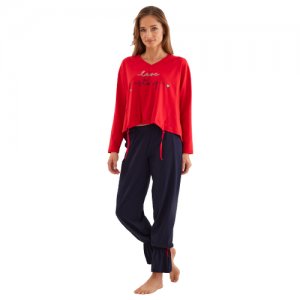 Пижама женская с брюками и блузкой завязками длинным рукавом Relax Mode. Цвет: красный