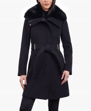 Женское пальто с воротником из искусственного меха поясом , черный Michael Kors