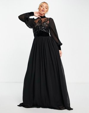 Платье макси черного цвета с длинными рукавами и высоким воротом -Черный Goddiva
