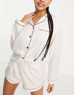 Комбинируемая атласная рубашка от пижамы кремового цвета с черной окантовкой -Белый Loungeable