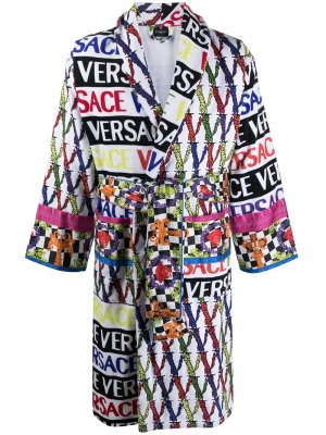 Полосатый халат с логотипом Versace. Цвет: белый