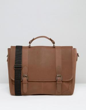 Кожаный портфель с застежкой на пряжки ASOS. Цвет: коричневый