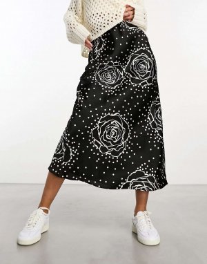Атласная юбка миди с цветочным и точечным принтом New Look