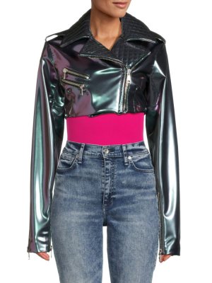 Укороченная байкерская куртка из искусственной кожи цвета металлик Laquan Smith, цвет Iridescent Smith