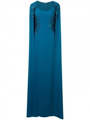 Платье с вышивкой и отделкой в стиле кейп Marchesa Notte. Цвет: синий