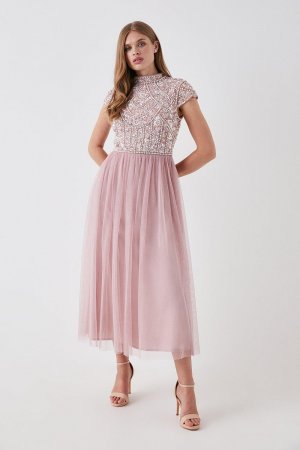 Сетчатое платье миди для подружек невесты с высоким воротником, украшенное жемчугом , розовый Coast
